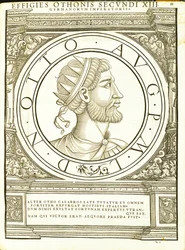 Otho II, illustration de Imperatorum romanorum omnium orientalium et occidentalium verissimae imagines ex antiquis numismatis, gravure sur bois par Rudolph Wyssenbach, imprimée par Andreas Gesner, Zurich, 155